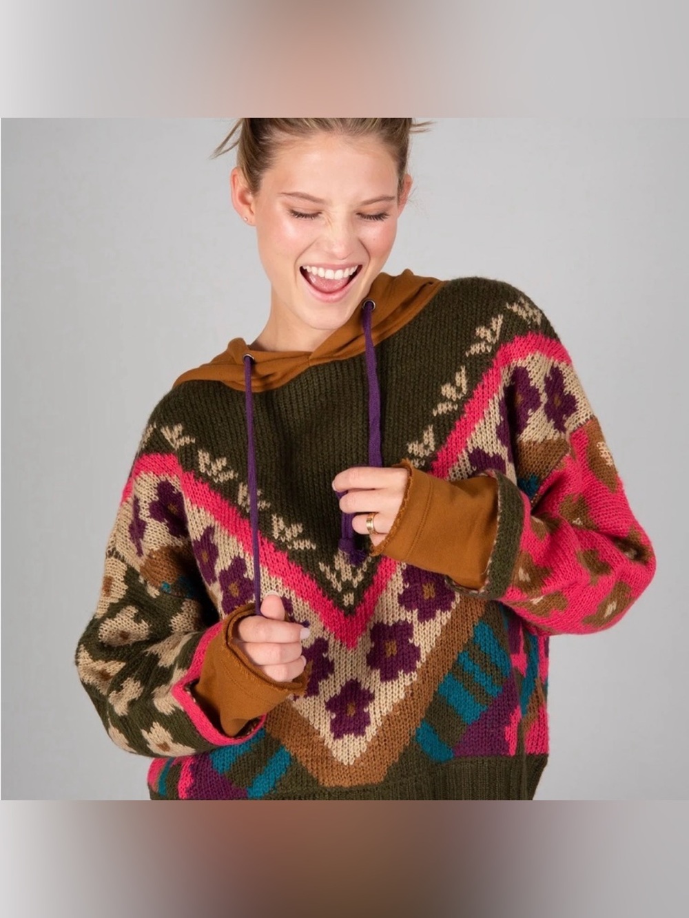Natural Life S/M Boho Floral Hooded Sweater Pullover Knit Colorful Cottagecore